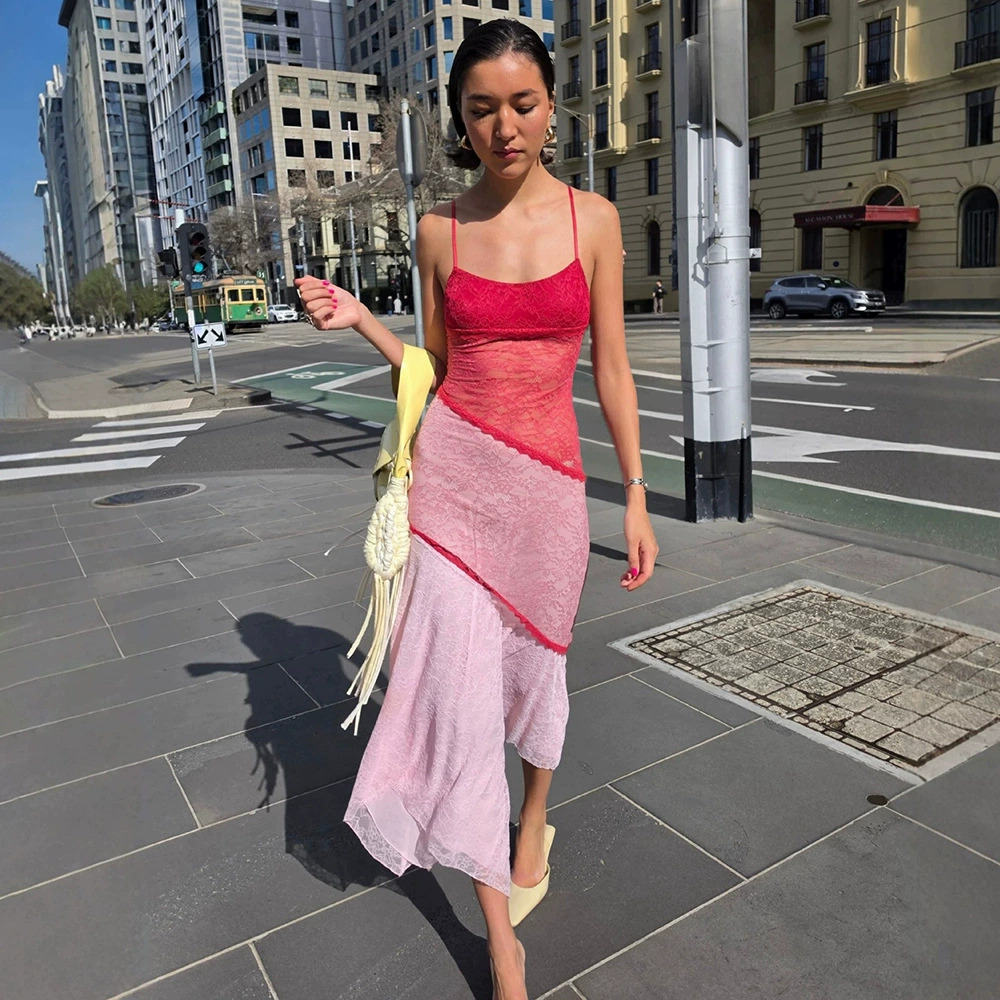 ZARA New Arrival Hot Girl Contrast Color Lace Trim Halter Low Cut Sexy Dress